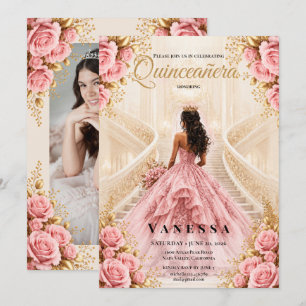 Invitación de Quinceañera con Foto Rosa y Dorado