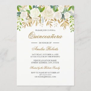 Invitación de Quinceañera con hoja floral dorada e