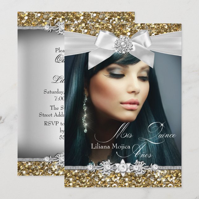 Invitación de Quinceañera con Lazo Brillante de Or (Anverso / Reverso)