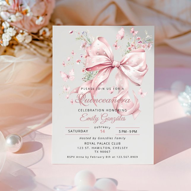 Invitación de Quinceañera con Lazo Rosa Elegante y (Subido por el creador)