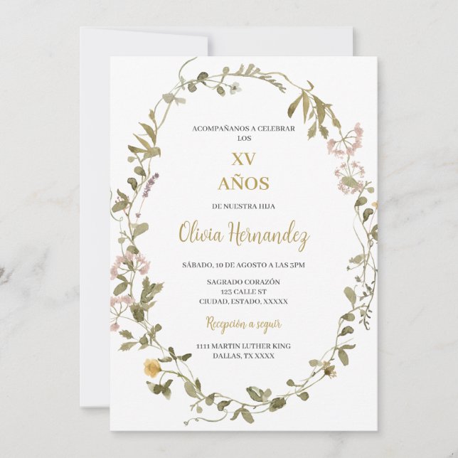 invitación de quinceañera con marco de follaje (Anverso)