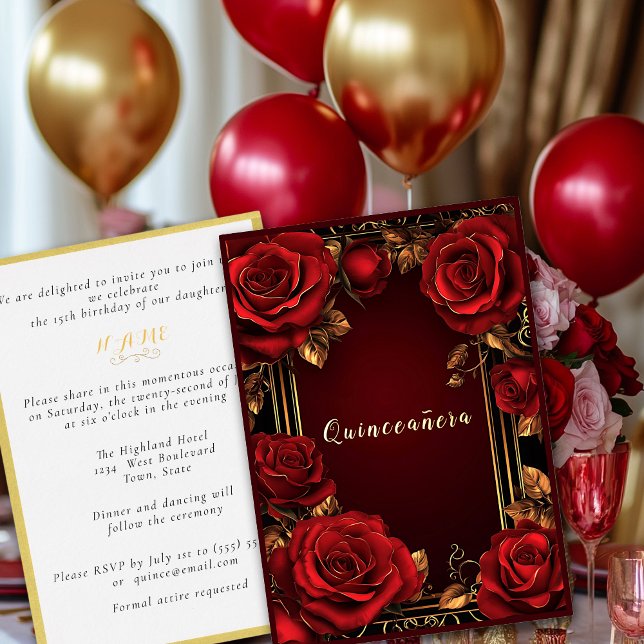 Invitación de Quinceañera con Marco de Oro Rosas R (Subido por el creador)