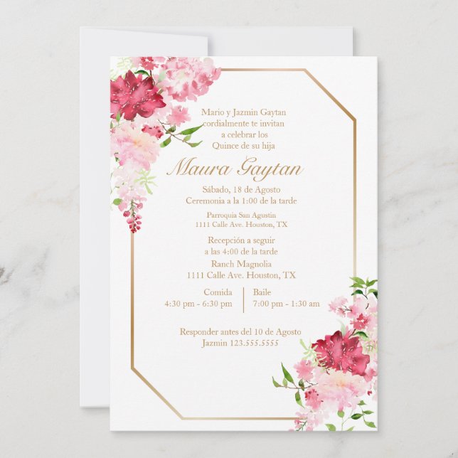 Invitación de quinceañera con marco rosa (Anverso)