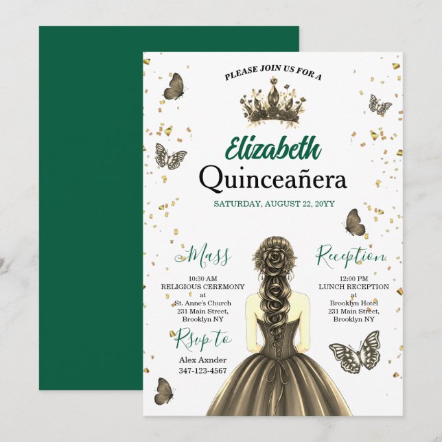 Invitación de Quinceañera con Oro Verde Esmeralda (Anverso / Reverso)