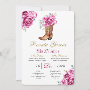 Invitación de Quinceañera con rosa rosa y bota