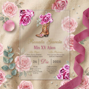 Invitación de quinceañera con rosa rosa y bota