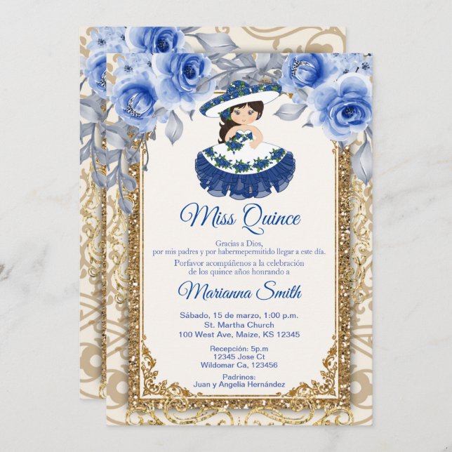 Invitación de Quinceañera con Rosas Azules y Dorad (Anverso / Reverso)