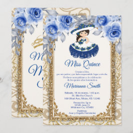 Invitación de Quinceañera con Rosas Azules y Dorad