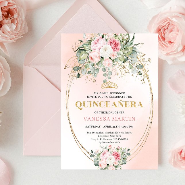 Invitación de Quinceañera con Rosas de Color Rosa  (Stylish Blush Roses Greenery Quinceañera Invite

)