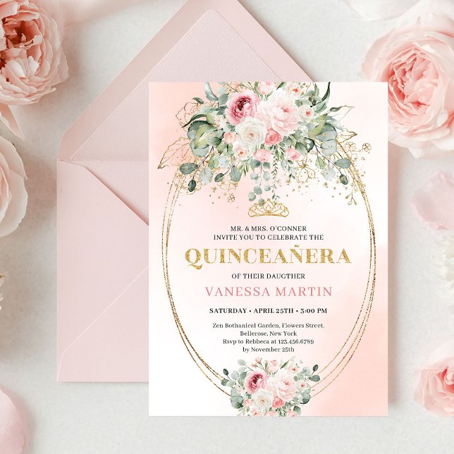 Invitación de Quinceañera con Rosas Rojizas Rústic (Rustic Blush Roses Eucalyptus Quinceañera Invitation)