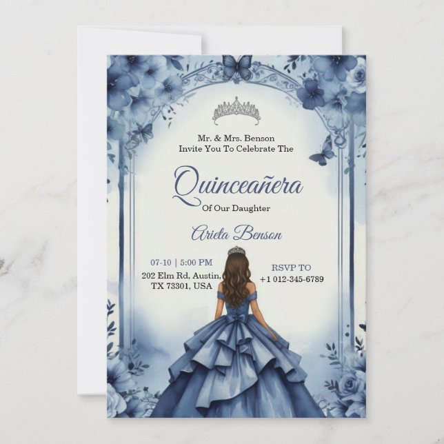 Invitación de Quinceañera con una niña en vestido  (Anverso)