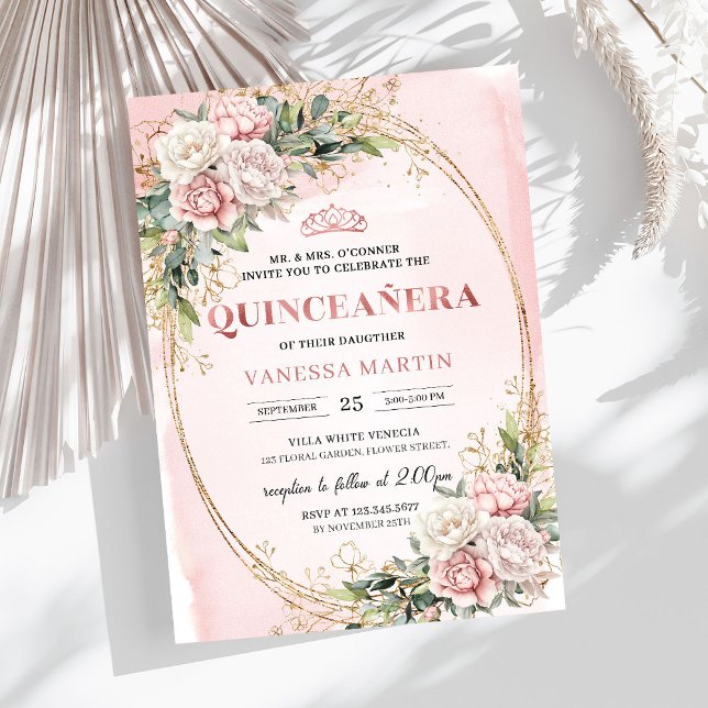 Invitación de Quinceañera con Verde Floral Rosa Ru (Blush Pink Floral Greenery Quince Invitation)