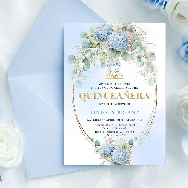 Invitación de Quinceañera con Verde Hidrangea Azul (Elegant Blue Hydrangea Greenery Quince Invite)