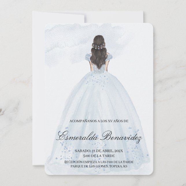 Invitación de quinceañera con vestido azul claro (Anverso)