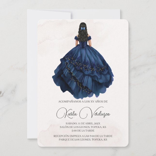 Invitación de quinceañera con vestido azul marino (Anverso)
