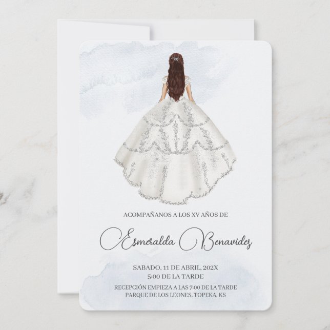 Invitación de quinceañera con vestido blanco (Anverso)