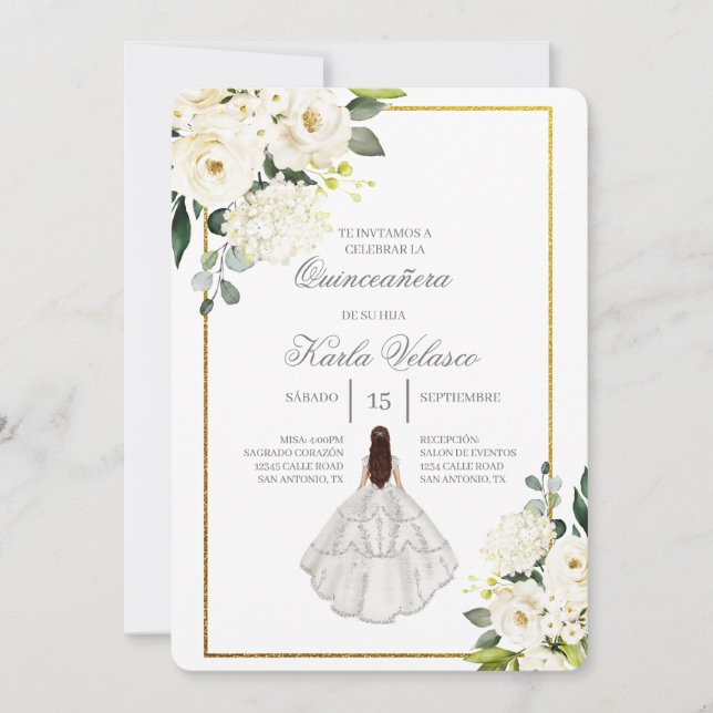 Invitación de quinceañera con vestido blanco (Anverso)