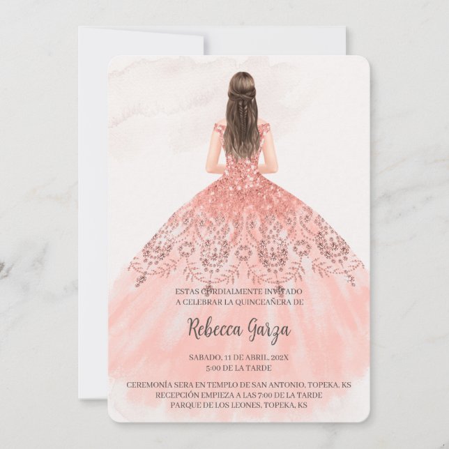 Invitación de quinceañera con vestido color rosa (Anverso)