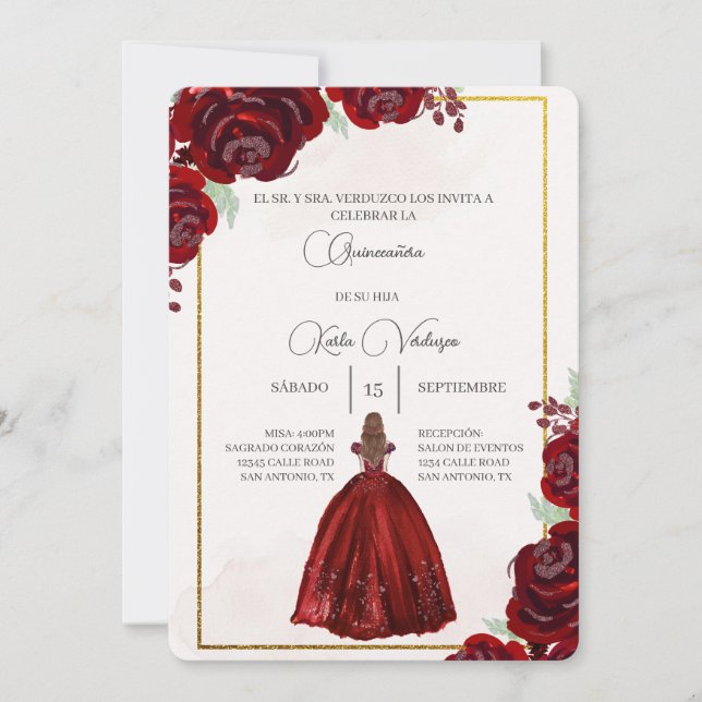 Invitación de quinceañera con vestido rojo (Anverso)