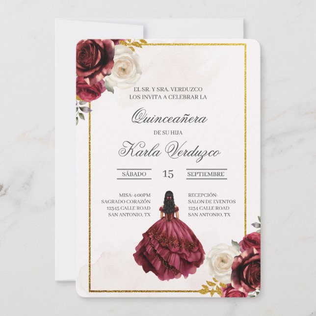 Invitación de quinceañera con vestido rojo (Anverso)
