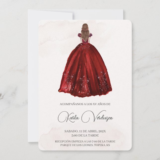 Invitación de quinceañera con vestido rojo (Anverso)