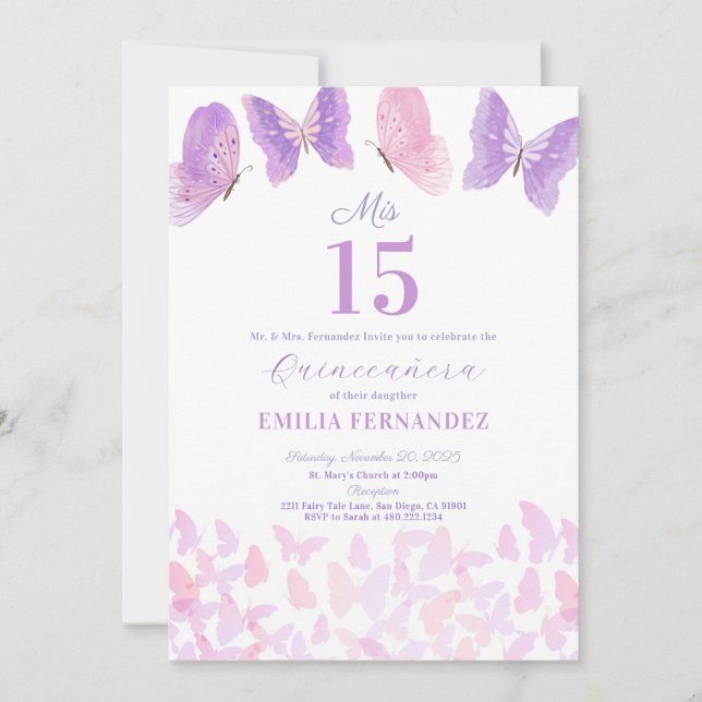Invitación de Quinceañera Cumpleaños 15 Butterfly (Anverso)