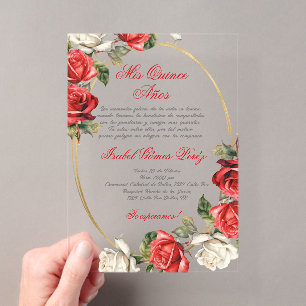invitación de Quinceañera de acrílico de rosa roja