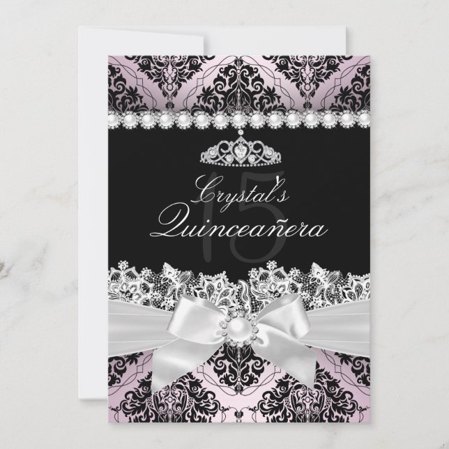 Invitación de Quinceanera de Bow negro rosado (Anverso)