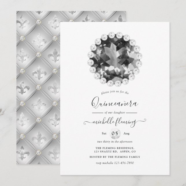 Invitación de Quinceañera de color blanco y negro (Anverso / Reverso)