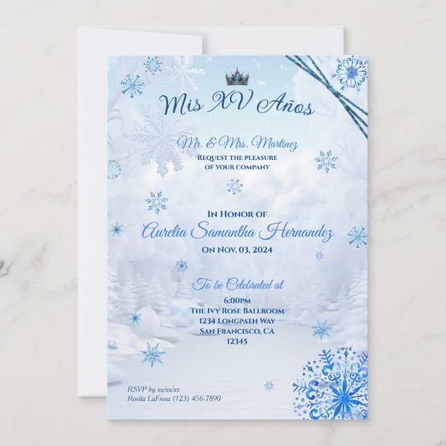 Invitación de Quinceañera de Copo de Nieve de País (Anverso)