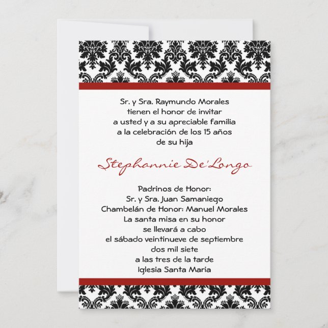 Invitación de Quinceanera de Crimson Red Damask 5x (Anverso)