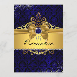 Invitación de Quinceañera de Damasco Azul Dorado E