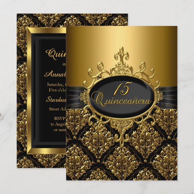 Invitación de Quinceañera de Damasco de Oro Negro  (Anverso / Reverso)