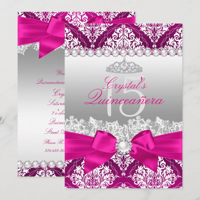 Invitación de Quinceañera de Damasco Rosa Caliente (Anverso / Reverso)