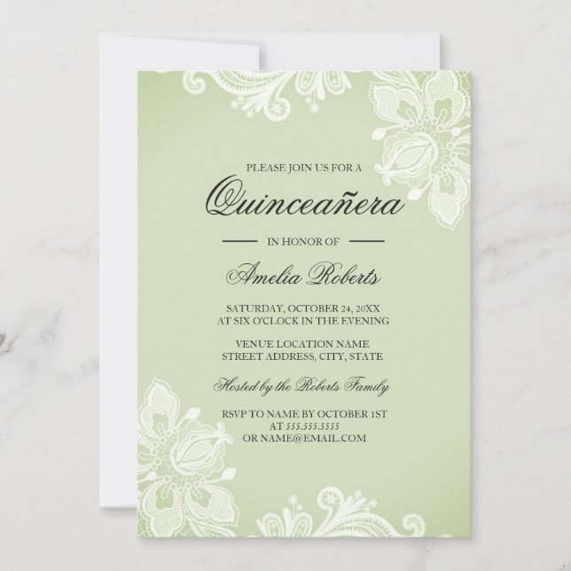 Invitación de Quinceañera de encaje vintage verde  (Anverso)