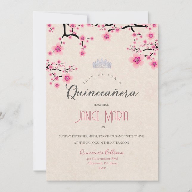 Invitación de Quinceañera de Flor de Cerezo (Anverso)