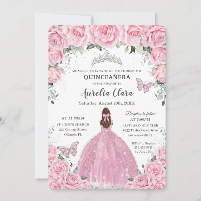 Invitación de Quinceañera de Flores Rosadas y Cabe (Anverso)