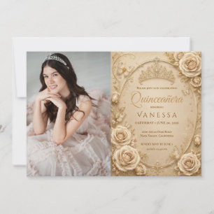 Invitación de Quinceañera de Foto Beige y Dorado