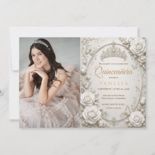 Invitación de Quinceañera de Foto Blanca y Dorada