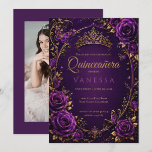 Invitación de Quinceañera de Foto Morada y Dorada