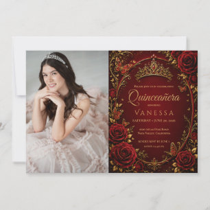 Invitación de Quinceañera de Foto Roja y Dorada