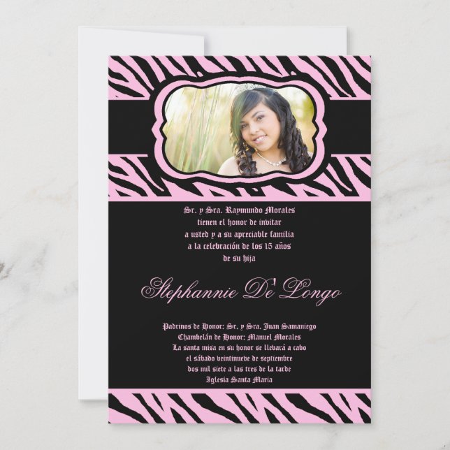 Invitación de Quinceanera de impresión de cebra ro (Anverso)