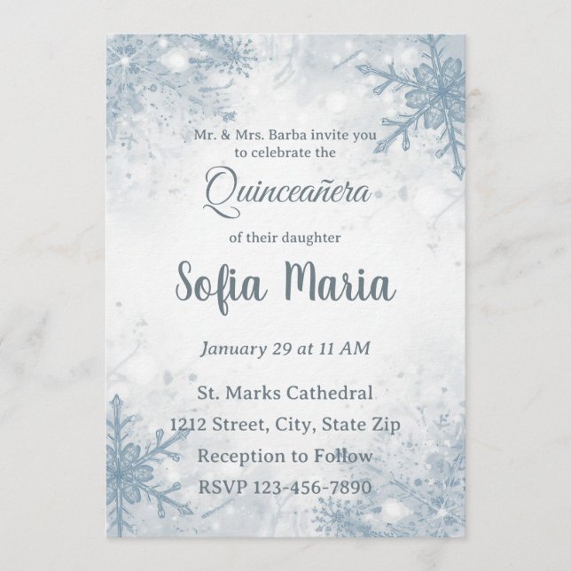 Invitación de Quinceañera de Invierno – Copos de N (Anverso)