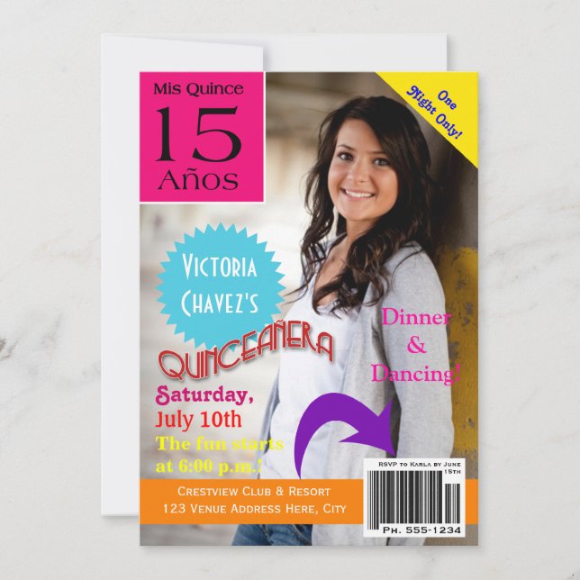 Invitación de Quinceanera de la portada de revista (Anverso)