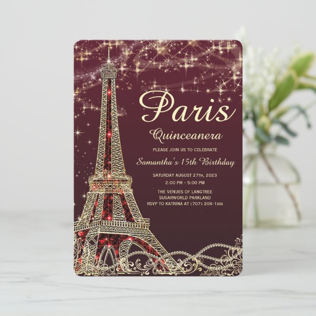 Invitación de Quinceañera de la Torre Eiffel de Pa (Anverso de pie)