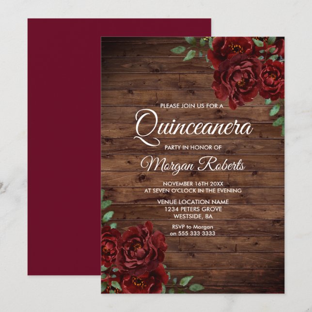 Invitación de Quinceanera de madera Rústica de Ros (Anverso / Reverso)
