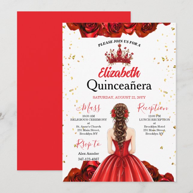 Invitación de Quinceañera de Mariposa de Rosa Roja (Anverso / Reverso)