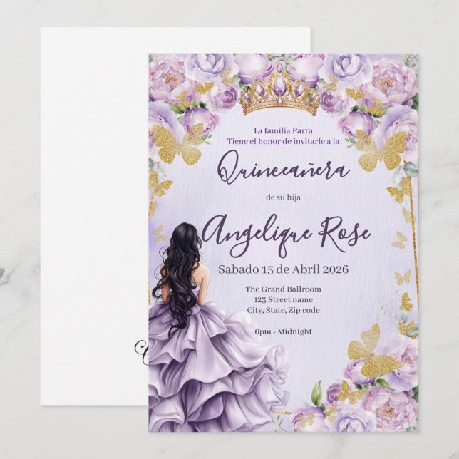invitación de quinceañera de mariposa princesa lil (Anverso / Reverso)