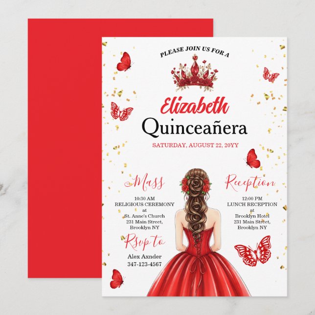 Invitación de Quinceañera de Mariposa Real Roja (Anverso / Reverso)