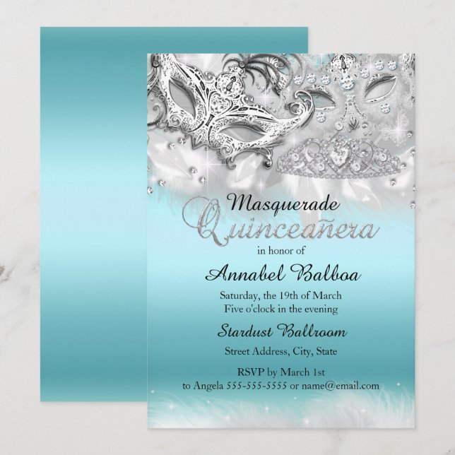 Invitación de Quinceañera de Máscara con Brillo de (Anverso / Reverso)